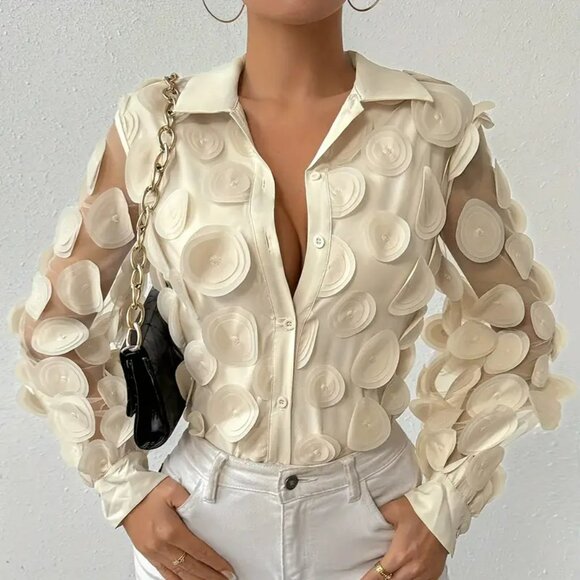 NEW! ELEGANT CHIFFON Raised PETALS BLOUSE SZ L - Picture 5 of 5